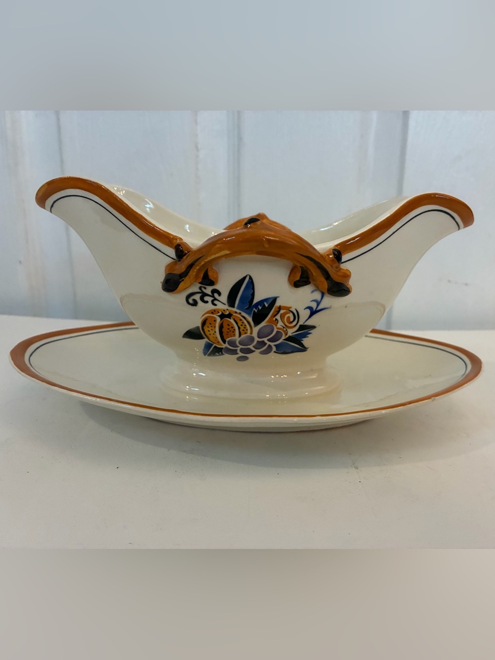 Vintage French HBCM Primavera Touraine Art Deco Gravy Boat Ceramic Sauciere